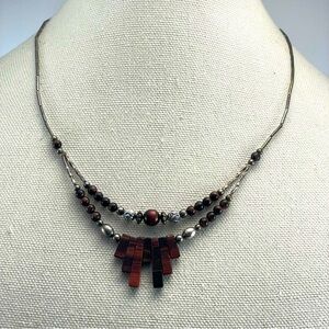 Vintage Unsigned Silver Tone Tube Bead Red Tigers Eye Beaded Fringe Necklace